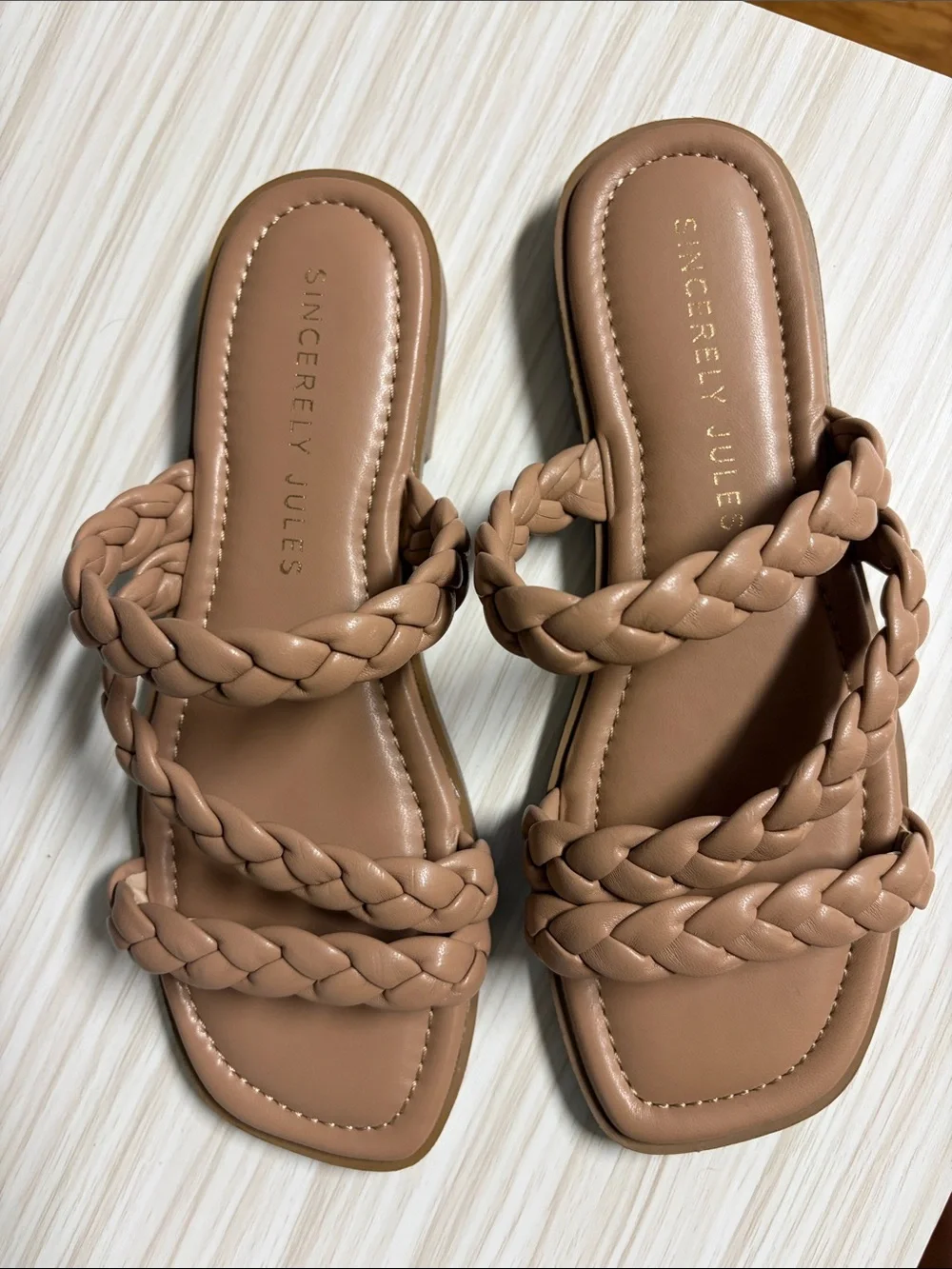 Sincerely Jules Braided Double-Strap Slide Sandals - Tan!! EUC 🤎